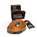 ARB705LB snatch strap with 17,600 lb capacity and high-stretch nylon design for safe off-road vehicle recovery