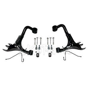 Complete rear control arm kit for LR3, LR4, and Range Rover Sport L320 – includes arms, bushings, hardware, and brake lines.
