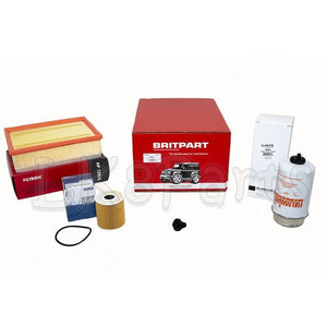 OEM service kit DA6040P for Land Rover Defender 2.2L & 2.4L TDCi Puma – includes oil, fuel, air filters, and drain plug – Britpart.