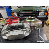 Defender front brake upgrade kit for Discovery 1 LJ LG. Vented rotors, calipers, pads, with optional hard brake tubes.