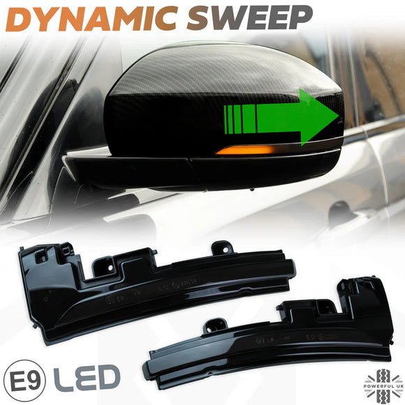 Smoked dynamic LED sweep indicators for Range Rover L405, L494, and Discovery 5 – plug-and-play E-marked upgrade, sold as a pair.