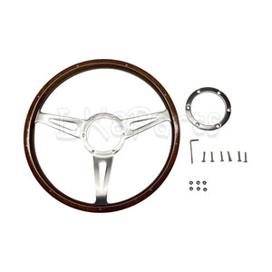 Mountney DA4877 15” semi-dished steering wheel with riveted wood rim and 3‑spoke polished centre