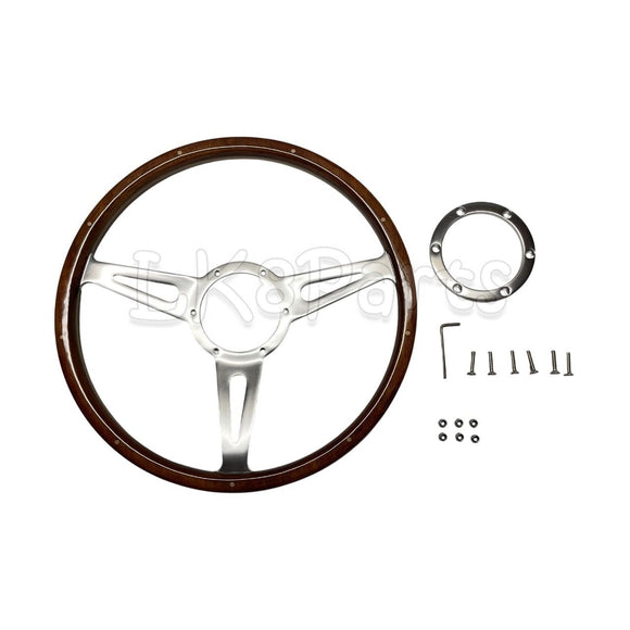 Mountney DA4877 15” semi-dished steering wheel with riveted wood rim and 3‑spoke polished centre