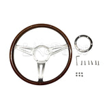 Mountney DA4877 15” semi-dished steering wheel with riveted wood rim and 3‑spoke polished centre
