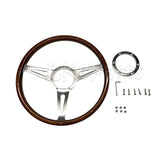Mountney DA4877 15” semi-dished steering wheel with riveted wood rim and 3‑spoke polished centre
